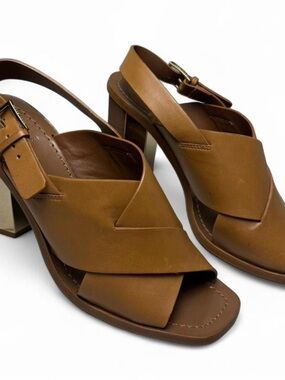 Tory Burch Bleecker Slingback Heels Tan Leather Gold Block Heel 9 Designer Boho